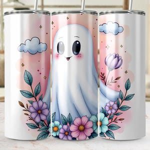 Digital Tumbler Wrap, Cute Ghost Tumbler Design, Spooky Season, Halloween Tumbler, Floral Ghost Sublimation, 20oz Tumbler, Instant Download