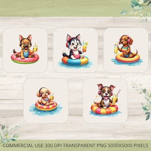 Pode incluir: Cinco imagens quadradas com ilustrações em aquarela de cães em boias, cada um segurando uma bebida. Os cães usam fones de ouvido e trajes de banho. O texto na parte inferior diz: COMMERCIAL USE 300 DPI TRANSPARENT PNG 5000X5000 PIXELS.