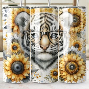 Cute Tiger with Glasses Digital Tumbler Wrap Png Sunflowers Tumbler Wrap Digital Download Adorable Tiger Art High Resolution