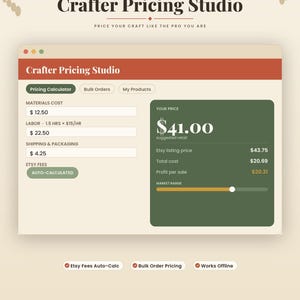 Puede incluir: Una interfaz digital titulada Crafter Pricing Studio que presenta una calculadora de precios con campos para el costo de materiales, mano de obra y envío. La pantalla muestra un precio de venta sugerido de $41.00, precio de lista Etsy y ganancia.