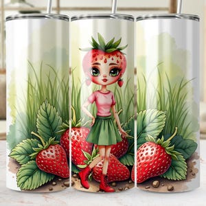 Digitales Erdbeermädchen, digitales Tumbler Wrap, niedliches Design, Sublimationsdesign, sofortiger Download, PNG-Datei, 20 Unzen Tumbler, Mädchen mit Beeren
