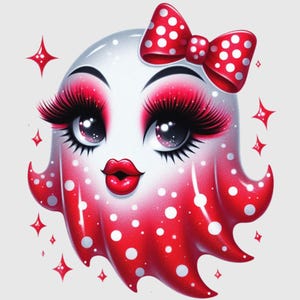May include: A white ghost with red and white polka dots, wearing a red bow with white polka dots. The ghost has large eyelashes, red lipstick, and a sparkly background.