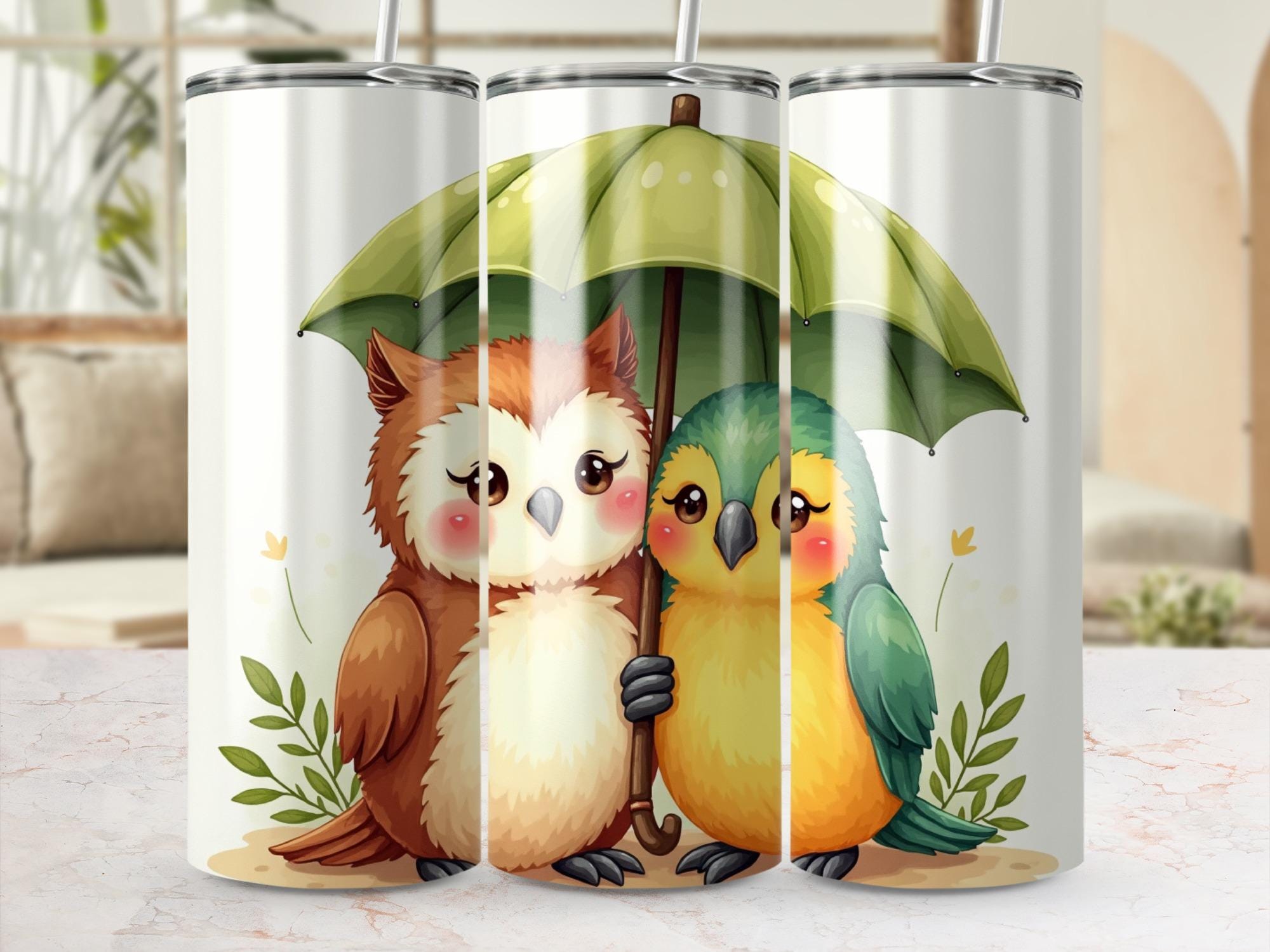 Digital Tumbler Wrap, Cute Owl Bird Under Umbrella Design, Printable Tumbler Design, 20oz Skinny Tum