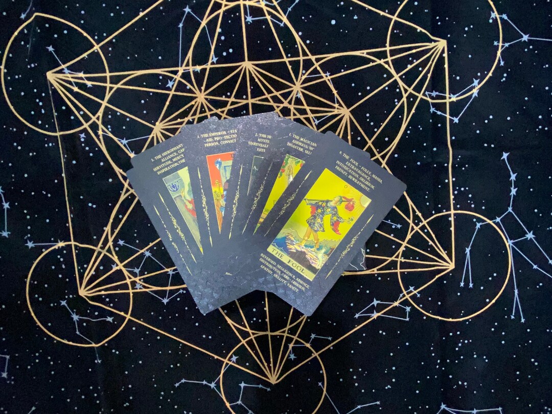 Black Tarot Cards With Keywords Black and Gold Metallic Trim Tarot Deck
