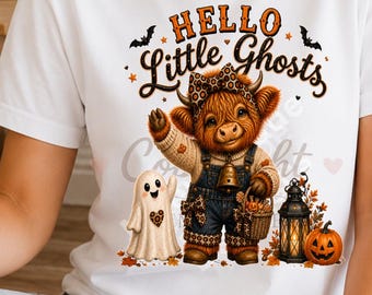 Pumpkin Highland Cow Halloween PNG, Hello Little Ghosts PNG, Cute Ghost Sublimation, Halloween Cow Clipart, Fall PNG Download