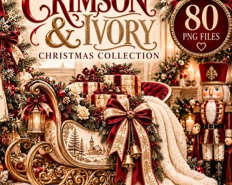 Crimson and Ivory Christmas Clipart Bundle, 80 PNG Christmas Clipart, Vintage Luxury Holiday PNG, Sublimation & Printable Designs