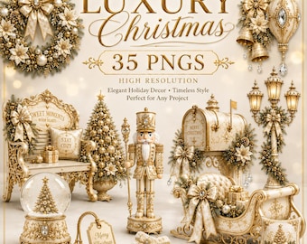 Luxury Christmas Clipart Bundle, 35 PNG Gold Cream Holiday Decor, Elegant Christmas PNG, Victorian Christmas Sublimation, Digital Download
