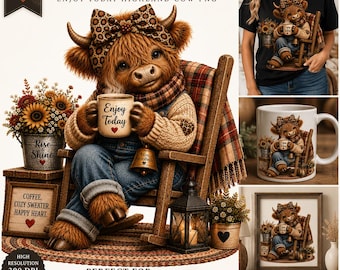Highland Cow Coffee PNG | Cozy Cow Sublimation | Cute Farm Animal png | Autumn Coffee Lover Design | 300 DPI Transparent PNG