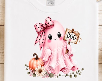Cute Pink Ghost PNG | Coquette Halloween Ghost | BOO Ghost Clipart | Bow Ghost Digital Download | Pastel Halloween PNG | Sublimation
