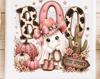 Cowgirl Ghost PNG | Pink Halloween PNG | Western Halloween Clipart | Coquette Ghost | Sublimation Design | Digital Download