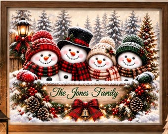 Personalized Snowman Family Christmas Print, Custom Name, Evergreen Winter Scene (Digital Download)