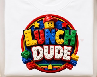 Lunch Dude PNG | Building Brick Inspired School Cafeteria Design | Funny Lunch Staff Digital Download | School Nutrition PNG