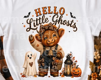 Pumpkin Highland Cow Halloween PNG, Hello Little Ghosts PNG, Cute Ghost Sublimation, Halloween Cow Clipart, Fall PNG Download