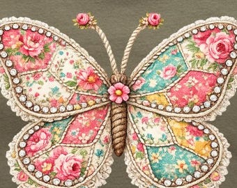 Imágenes prediseñadas de mariposas florales vintage, rosas estilo shabby chic, patchwork cottagecore PNG (descarga digital)