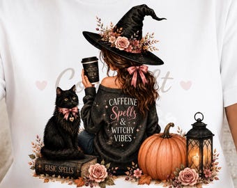 Floral Witch Hat Halloween PNG, Coffee Lover Graphic, Spooky Season Download