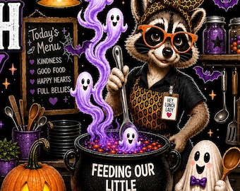 Halloween Raccoon Lunch Lady PNG: Feeding Little Boos Cafeteria Design (Digital Download)