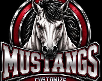 Diseño de logotipo PNG personalizado de la mascota de los Mustangs, edición del nombre del equipo, número y colores, alta resolución, descarga digital instantánea.