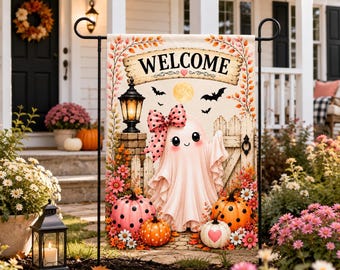 Halloween Garden Flag with Pink Ghost | Adorable Outdoor Fall Decor | Yard Banner