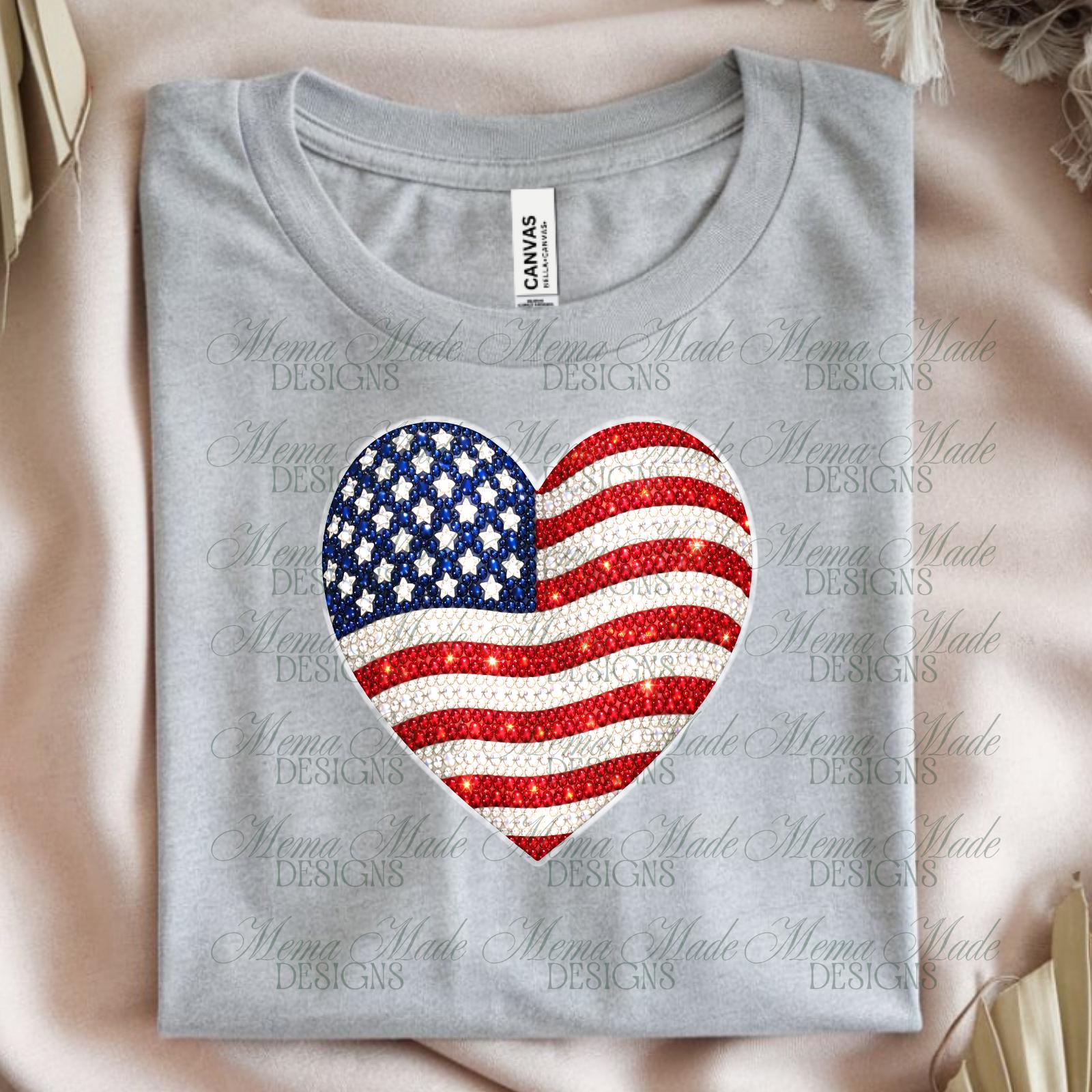 Rhinestone American Flag Heart PNG, Faux Bling USA Design (digital ...
