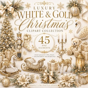May include: A digital collection of 45 white and gold Christmas clipart elements featuring a nutcracker, rocking horse, sleigh, swan, teddy bear, reindeer, lantern, presents, ornaments, poinsettias, and bells with the text Luxury White & Gold Christmas.