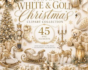 Luxury White & Gold Christmas Clipart Bundle | 45 PNG Elements,  Transparent Background, Commercial Use"