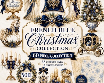 Luxury Christmas Clipart Bundle, French Blue & Gold Christmas PNG, Elegant Victorian Holiday Graphics, 60 Piece Collection