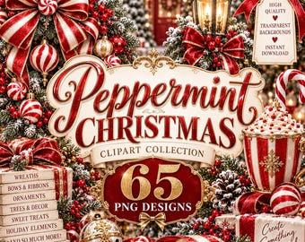 Peppermint Christmas Clipart Bundle, 65 PNG Designs (Digital Download)