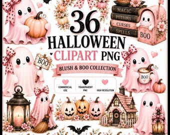Blush Pink Halloween Clipart PNG Bundle | Ghosts, Pumpkins, Florals (Digital Download)