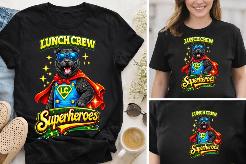 Puede incluir: Camiseta negra con un dise&ntilde;o de pantera de dibujos animados con gafas de sol, capa roja y disfraz de superh&eacute;roe. La camiseta tiene el texto "Lunch Crew Superheroes" en amarillo y verde. El dise&ntilde;o incluye estrellas amarillas.