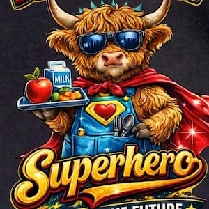 May include: A cartoon illustration of a Highland cow superhero wearing sunglasses, a red cape, and blue overalls. The cow holds a tray with an apple, vegetables, and a milk carton. The word "Superhero" is written in gold lettering.