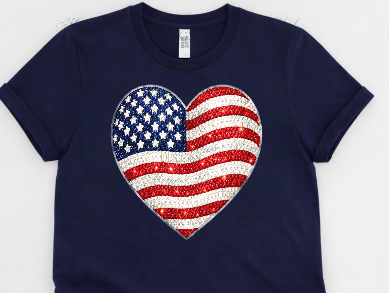 Rhinestone American Flag Heart PNG, Faux Bling USA Design (digital ...
