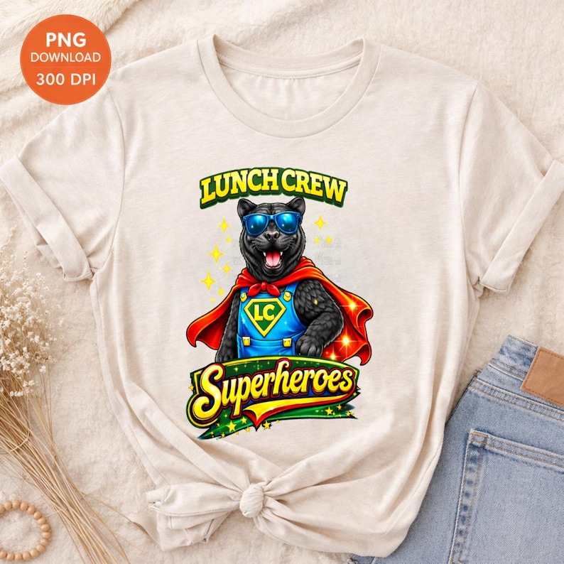Puede incluir: Camiseta color crema con un gr&aacute;fico de una pantera negra con gafas de sol, una capa roja y un traje de superh&eacute;roe azul. El texto "LUNCH CREW Superheroes" se muestra en amarillo y verde.
