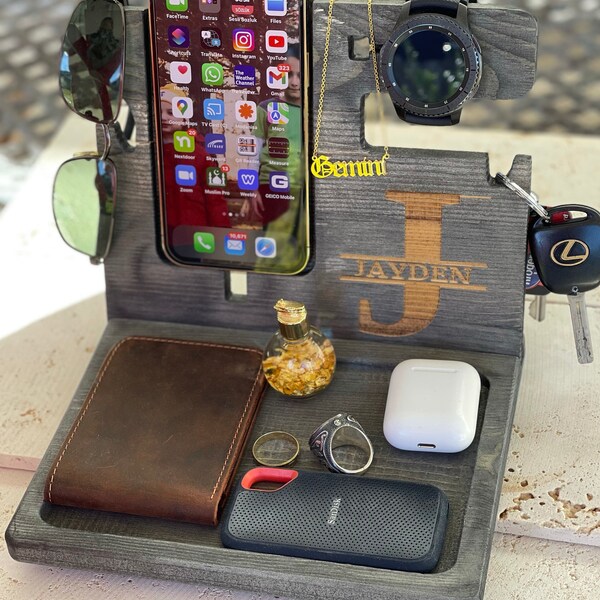 Docking Station for Men, Fathers Day Gift, Birthday gift for men, Wood desk organizer with free engraved Pen