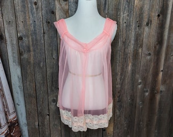 Womens Medium Vintage Lingerie Pink Babydoll Flowy Sheer with Lace