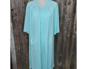 Vintage Shadowline Medium Aqua Lingerie Lace Blue Pockets Night Robe