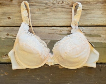 34B Vintage Lilyette 850 Peach Molded Cup Padded Push Up La Difference Lace Bra