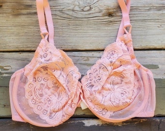 34D Vintage Victoria's Secret Pink Sheer Lace Polka Dot Underwire Bra