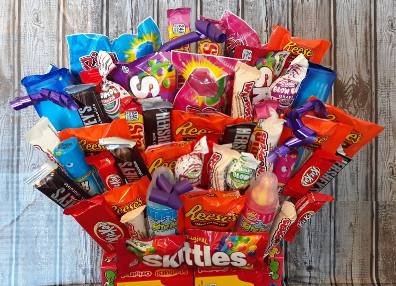 Full Size Candy and Snack Bouquet, Happy Birthday, Unique Gift for Him or Her,Candy Lover Gift Valentine Bouquet,Peanut Butter Lover Gift image 5