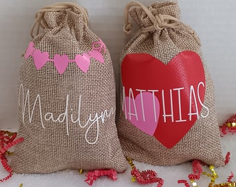 Small Valentine Burlap Drawstring Gift Bag, Personalized Valentine Favor Bag, Preschool or Classroom Gift Favor Bag for Child