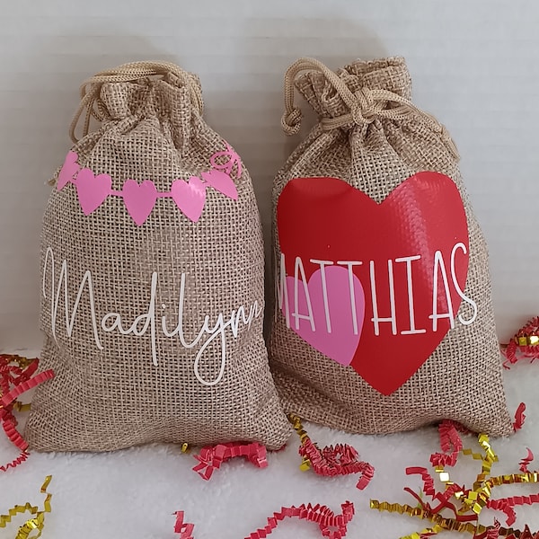 Small Valentine Burlap Drawstring Gift Bag, Personalized Valentine Favor Bag, Preschool or Classroom Gift Favor Bag for Child