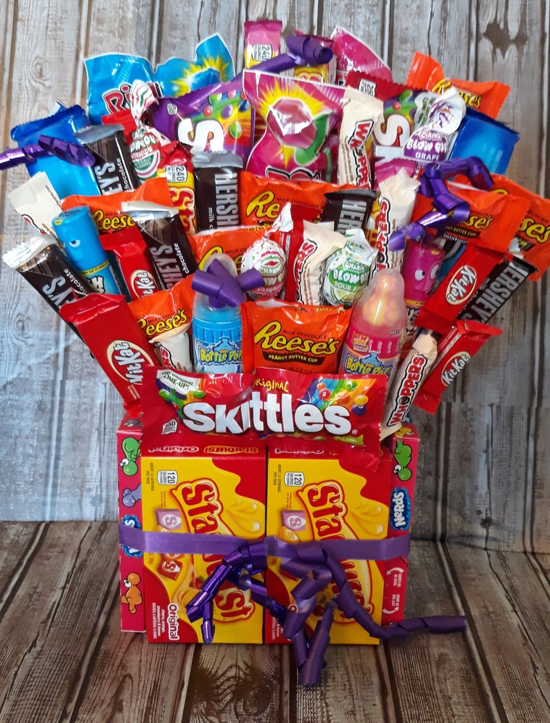 Full Size Candy and Snack Bouquet, Happy Birthday, Unique Gift for Him or Her,Candy Lover Gift Valentine Bouquet,Peanut Butter Lover Gift image 3