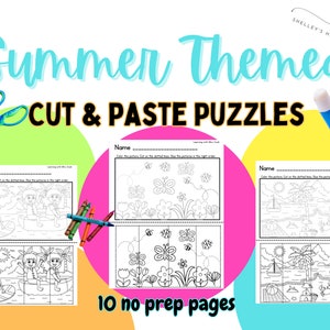 May include: A set of 10 printable summer themed cut and paste puzzles for kids. The puzzles feature images of children at the beach, butterflies, and flowers. The text "10 no prep pages" is printed on the bottom of the page.
