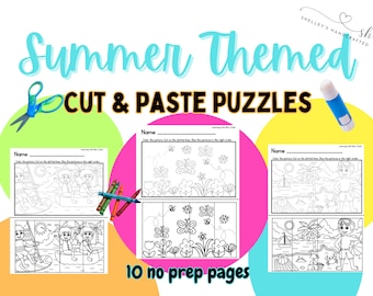 Summer Themed Cut and Paste Puzzle, Preschool Scissor Skill Worksheets for Kids, Pre-K Summer Cutting Printable, Kindergarten, Color and Cut