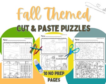 Fall Themed Cut and Paste Puzzle, Preschool Scissor Skill Worksheets for Kids, Pre-K Cutting Printable, Kindergarten, Color and Cut