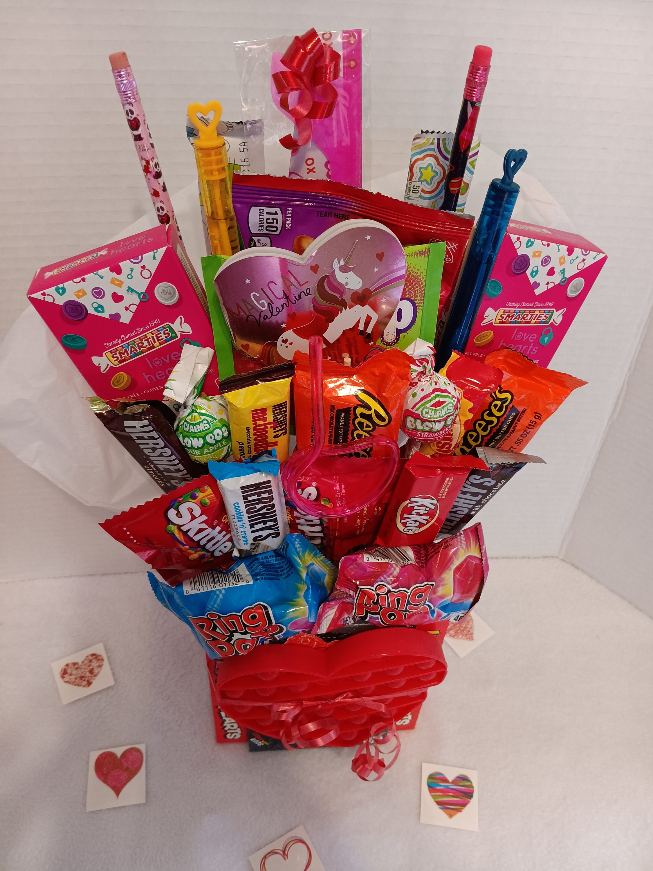 Valentine's Day Gift Basket for Child or Grandchild, Toy and Candy Bouquet for Valentine's Day