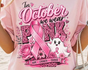 In October We Wear Pink Ghost Shirt | Comfort Colors 1717 Tee | Breast Cancer Awareness Shirt | Halloween Pink Ghost Tee | Pink Ribbon Shirt