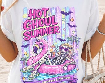 Summerween Shirt Spooky Summer Graphic Tee Skeleton Hot Ghoul Shirt Flamingo Pool Float Halloween T-Shirt Funny Halloween Outfit Beach Shirt