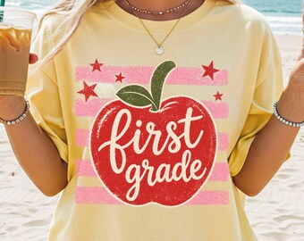 Striped First Grade Comfort Colors® T-shirt First Day of School Shirt Matching Team Teacher Appreciation Gift School Staff Back to School