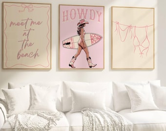 Set of 3 Pink Surfer Girl Wall Art Prints | Beachy Dorm Room Decor | Coastal Aesthetic Surf Poster Set Surfboard Bikini Room Decor for Teens