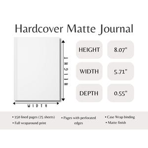 Op de afbeelding: Witte hardcover matte journal met 150 gelinieerde pagina's (75 vellen). Het journal heeft een volledige omslagprint en geperforeerde randen. Het journal meet 20,5 cm hoog, 14,5 cm breed en 1,4 cm diep.